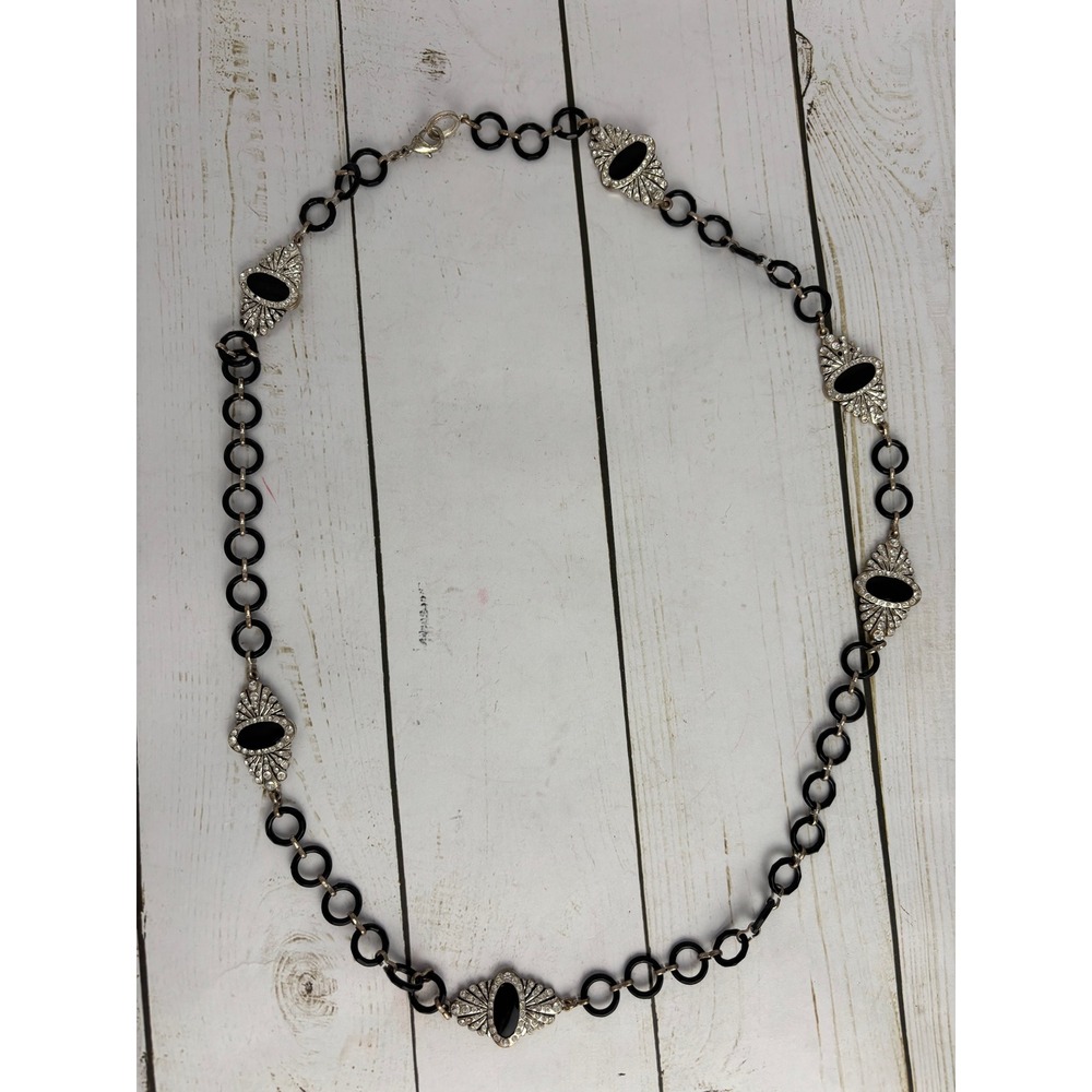 Vintage Silver Tone Black Rhinestone Medallion Chain Link Belt Art Deco P231